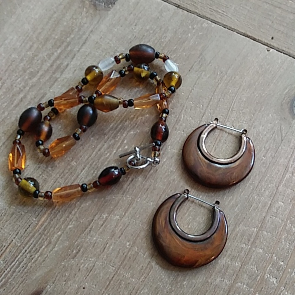 Brown Boho Stament Earrings Hoops & Brown  Beaded Necklace - Picture 13 of 17